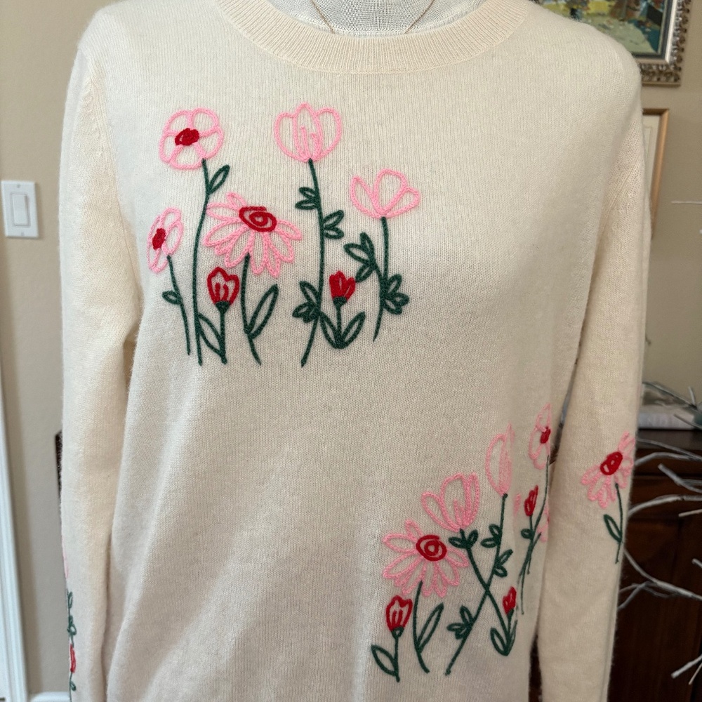 Cynthia Rowley Two-Ply Cashmere Embroidered Winter White Sweater –NWT